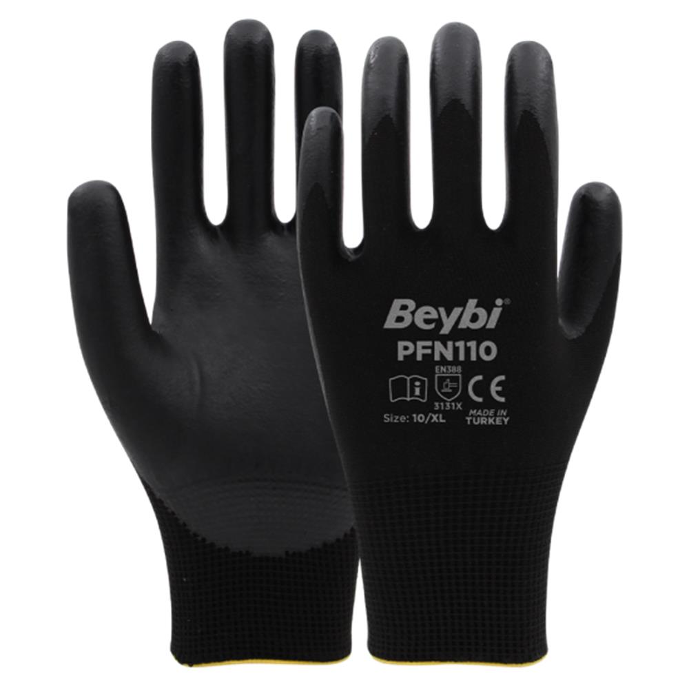 PFN110 10 Beden Siyah Polyester Örgü Üzeri ½ Köpük Nitril Kaplı Eldiven 12li Paket En388 (3131X)