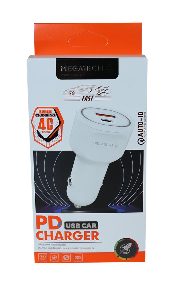 Megatech T05-M40 Beyaz 40W PD-USB Araç Çakmaklık Şarj Başlığı Hızlı Şarj