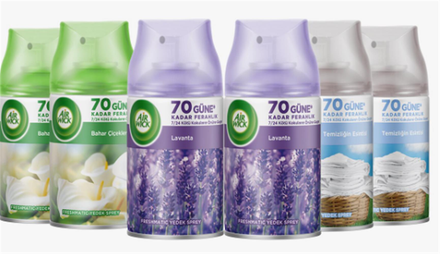 Airwick 250ml 6lı (Lavanta-Bahar Çiçekleri-Temizliğin Esintisi) Oda Kokusu Sprey(Makina Yedek Sprey)
