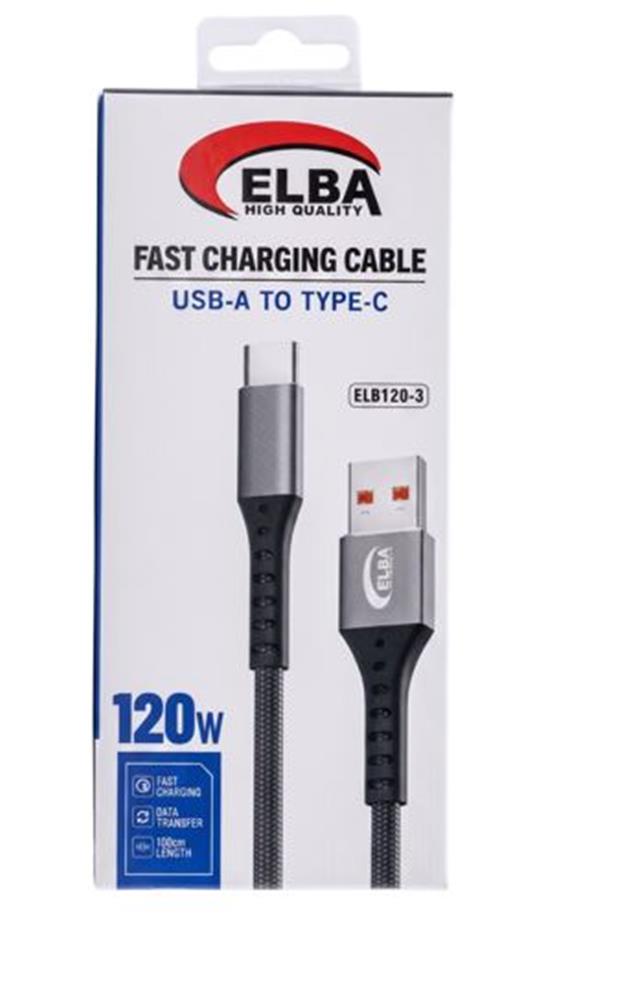 Elba Elb120-3 120w   USBC Type-c To Usb 1Mt Siyah Örgülü  Şarj Kablosu