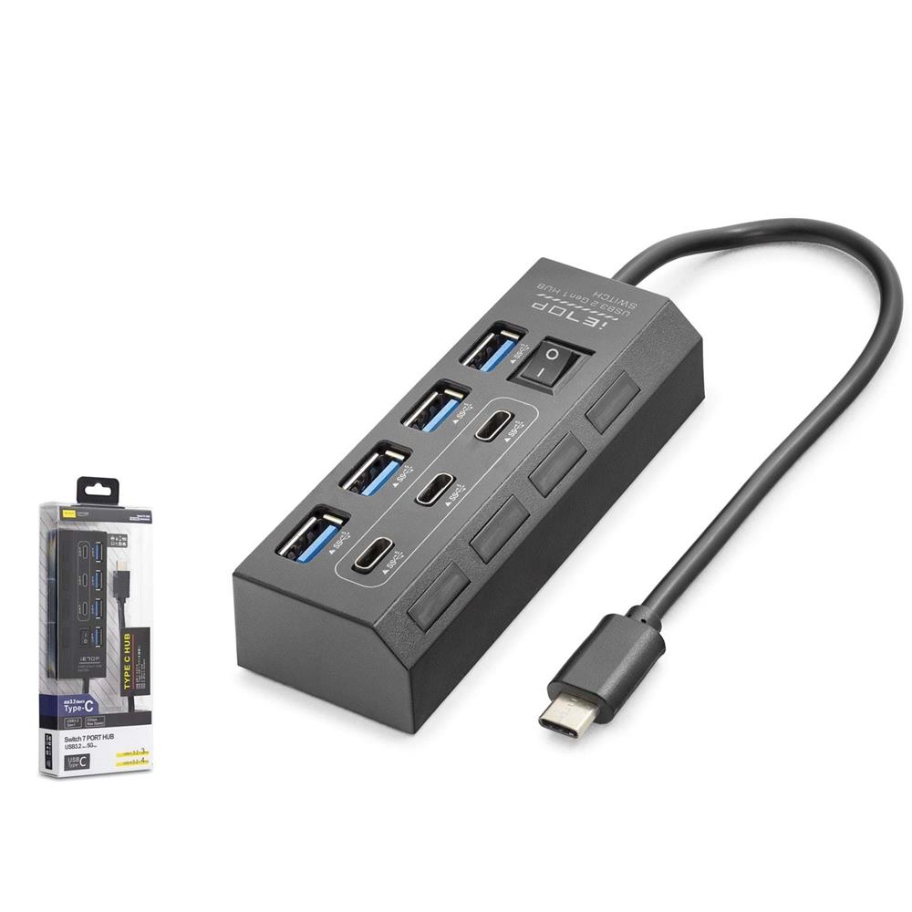 Hadron HDX7057 İetop Type-C Hub 5Gbps 3x Type-C 3.2 + 4x Usb-A 3.2 7 Port Anahtarlı Çoklayıcı Siyah