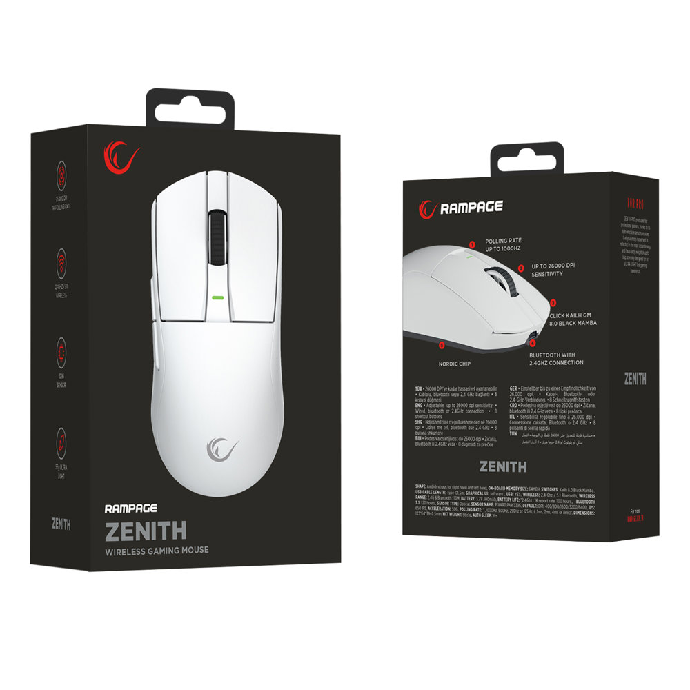 Rampage ZENITH BT+Wired+2.4G Beyaz Kablosuz PAW3395 52833 MCU Gaming Oyuncu Mouse