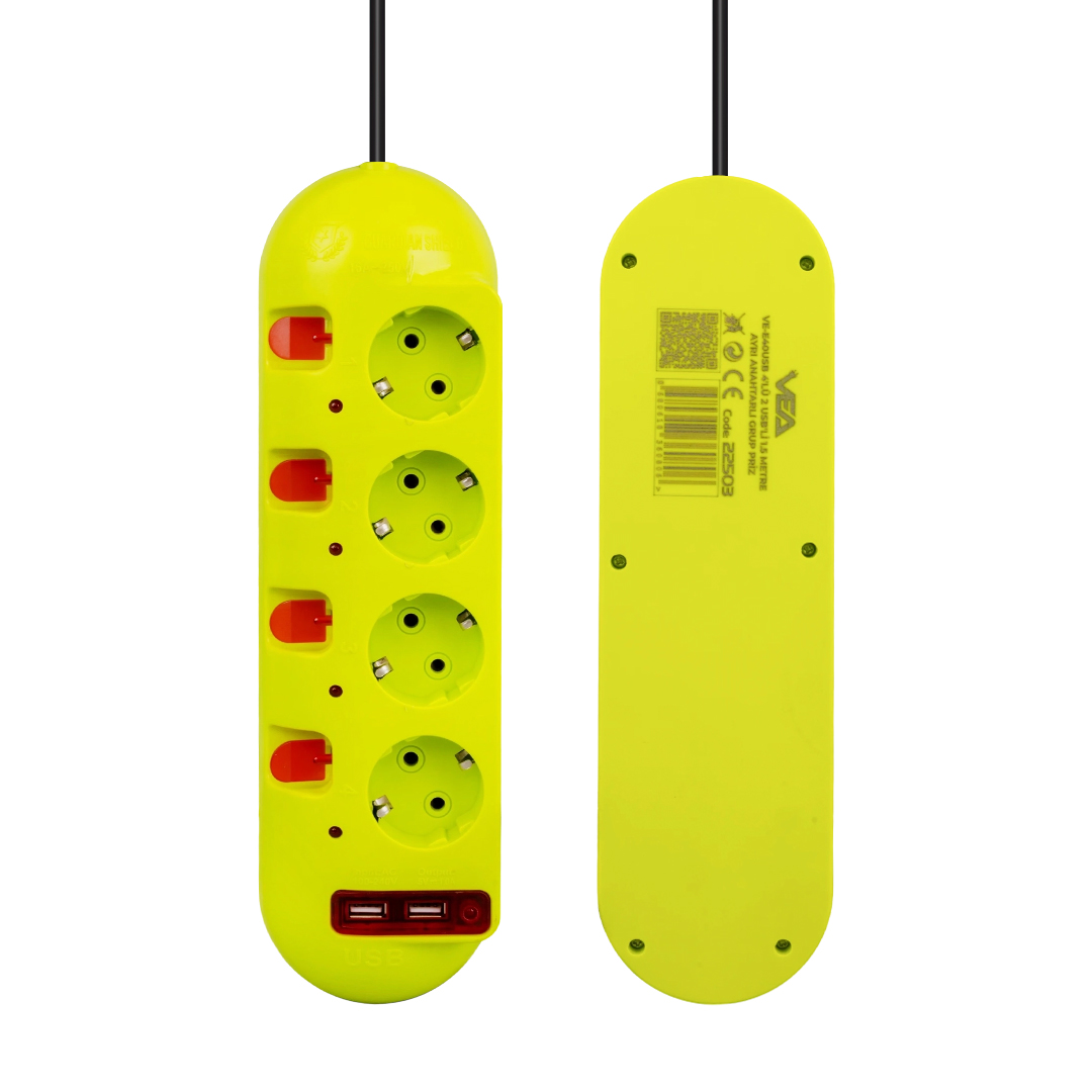 Vea VE-E40USB 4'Lü 2 USB'li 1.5 Metre Ayrı Anahtarlı Grup Priz