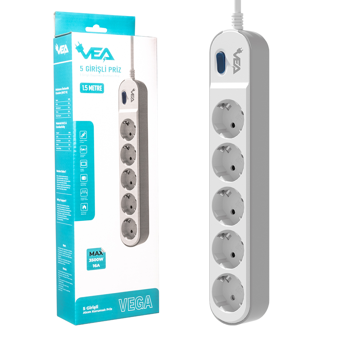 VEA VE-VEGA105 A CLASS 5Lİ ANAHTARLI 1.5 METRE AKIM KORUMALI GRUP PRİZ (MADE IN MALAYSIA)