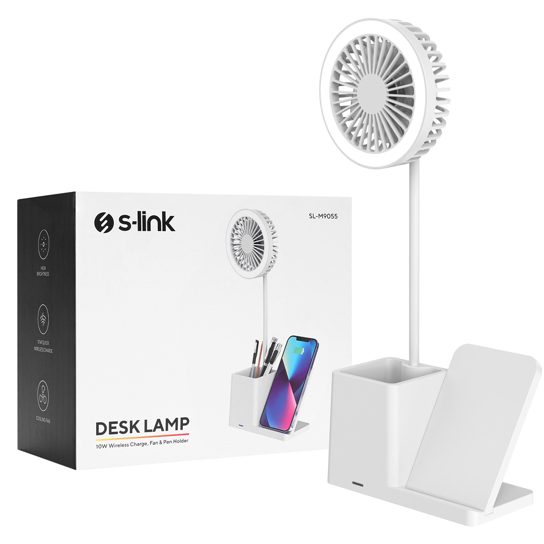 S-Link SL-M9055 10 Watt Kablosuz Şarj İstasyonlu Fanlı Kalemlikli Masa Lambası (Beyaz)