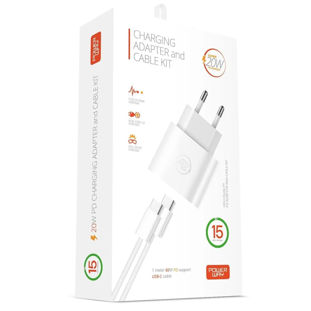 Powerway RXS27 20W Type-C Şarj Adaptörü - Kablo Seti (Apple 15 Pro-Pro Max Uyumlu)