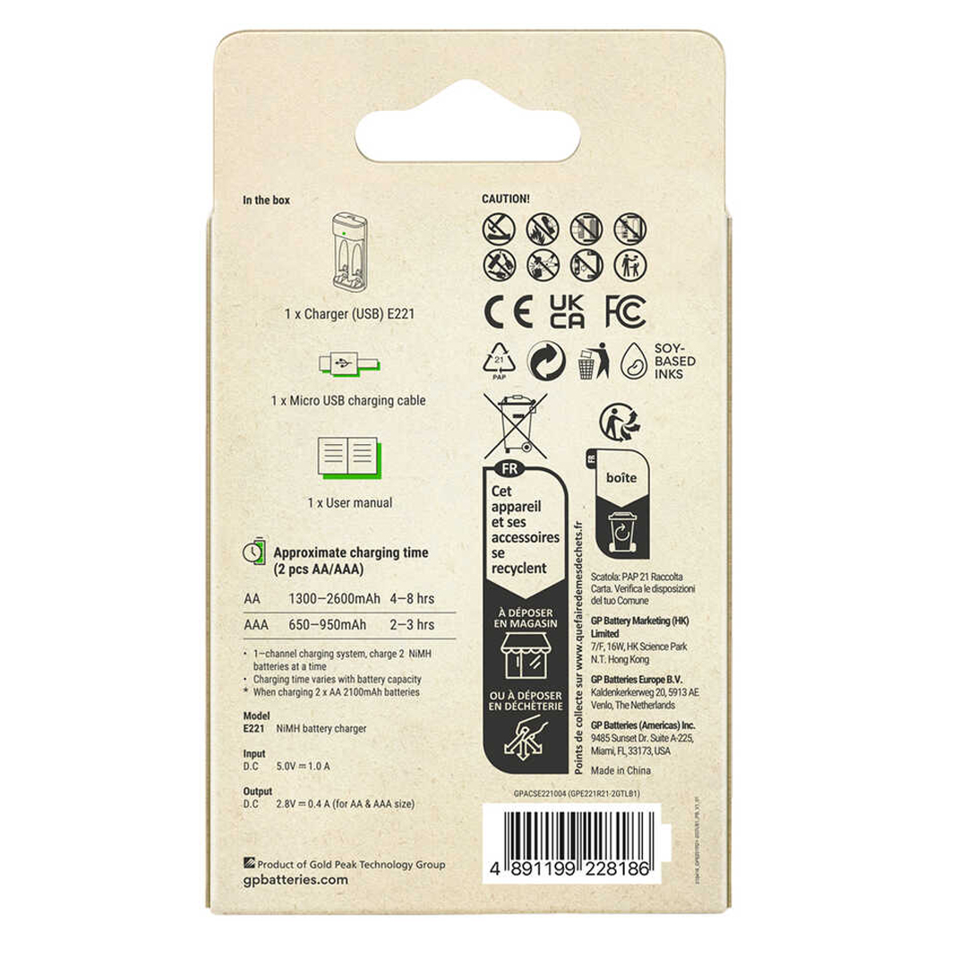 Gp Recyko E221 Usb 2'Li AA - AAA Pil Şarj Cihazı (GPACSE221004 GPE221R21-2GTLB1)