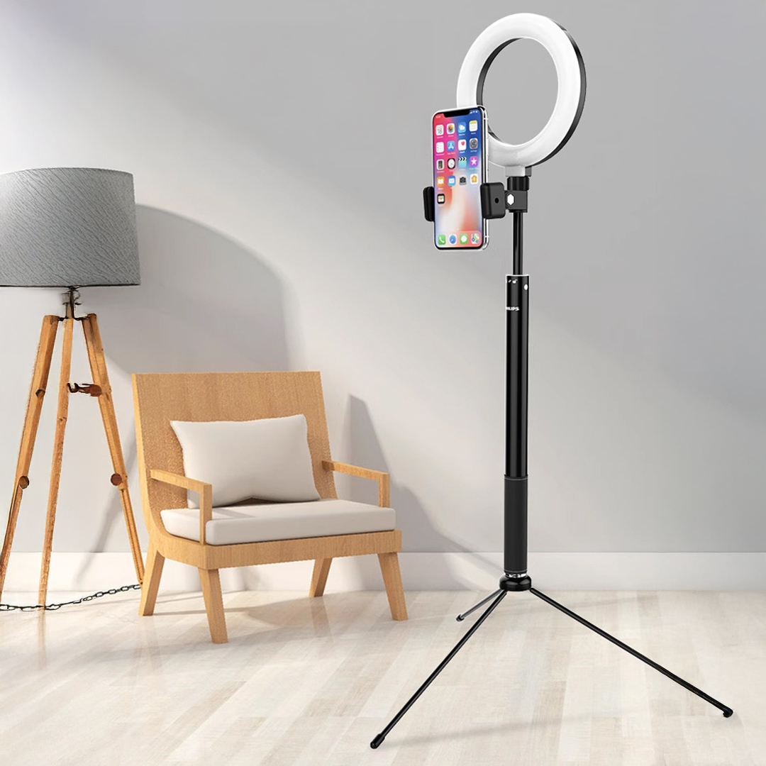 Philips 2İn1 Tripod Standlı Youtube Tiktok Selfie Çekim Işıklı Telefon Tutucu - Makyaj Işığı DLK3621N/93