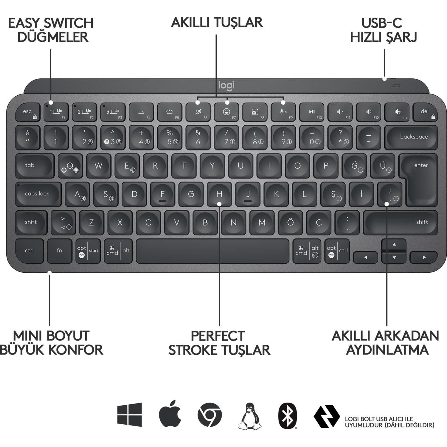 LOGITECH MX KEYS MINI MINIMALIST KABLOSUZ BLUETOOTH AYDINLATMALI Q TR KLAVYE SİYAH 920-010504