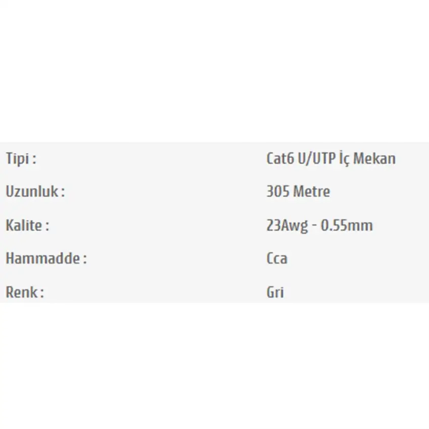 Pars Power 23Awg 0.55mm 305m Network Cat 6 U/UTP İç Mekan Data Kablosu