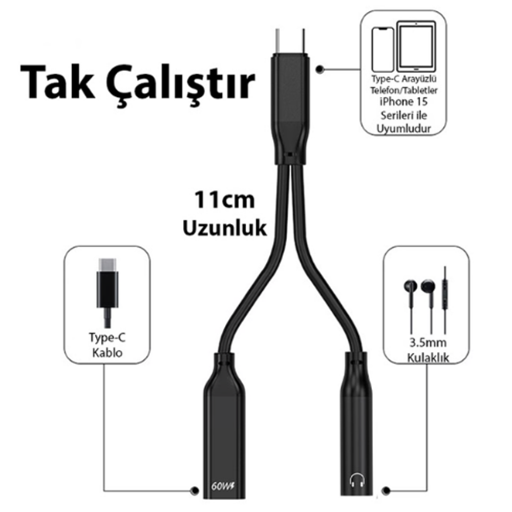 Kruxon ZR867 TYPE-C 2 İN 1 AUX 3A AC08CC