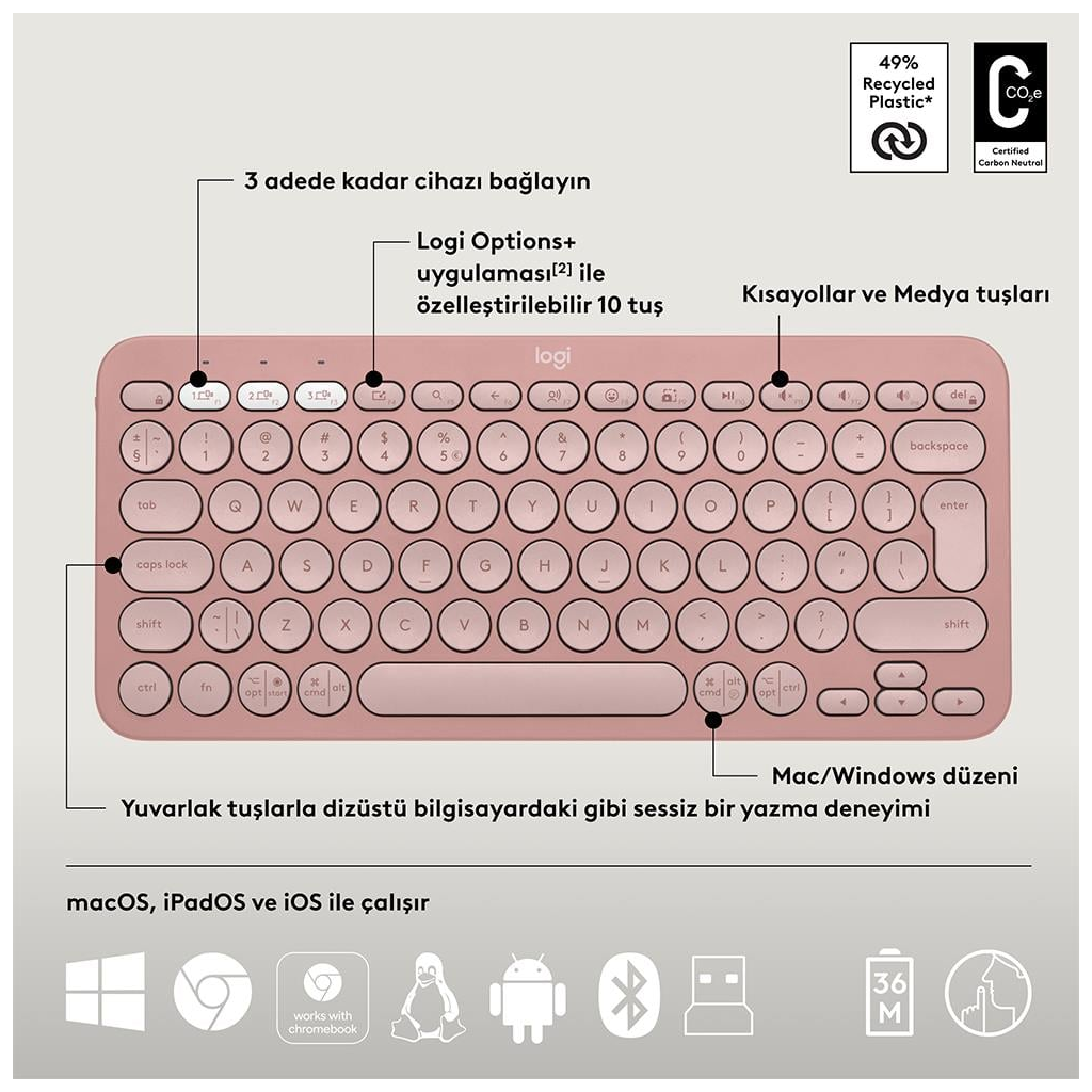 LOGITECH Pebble 2 Combo, Rose, 920-012247, Bluetooth, Türkçe, Q, Multimedya, Mini Klavye Mouse Set