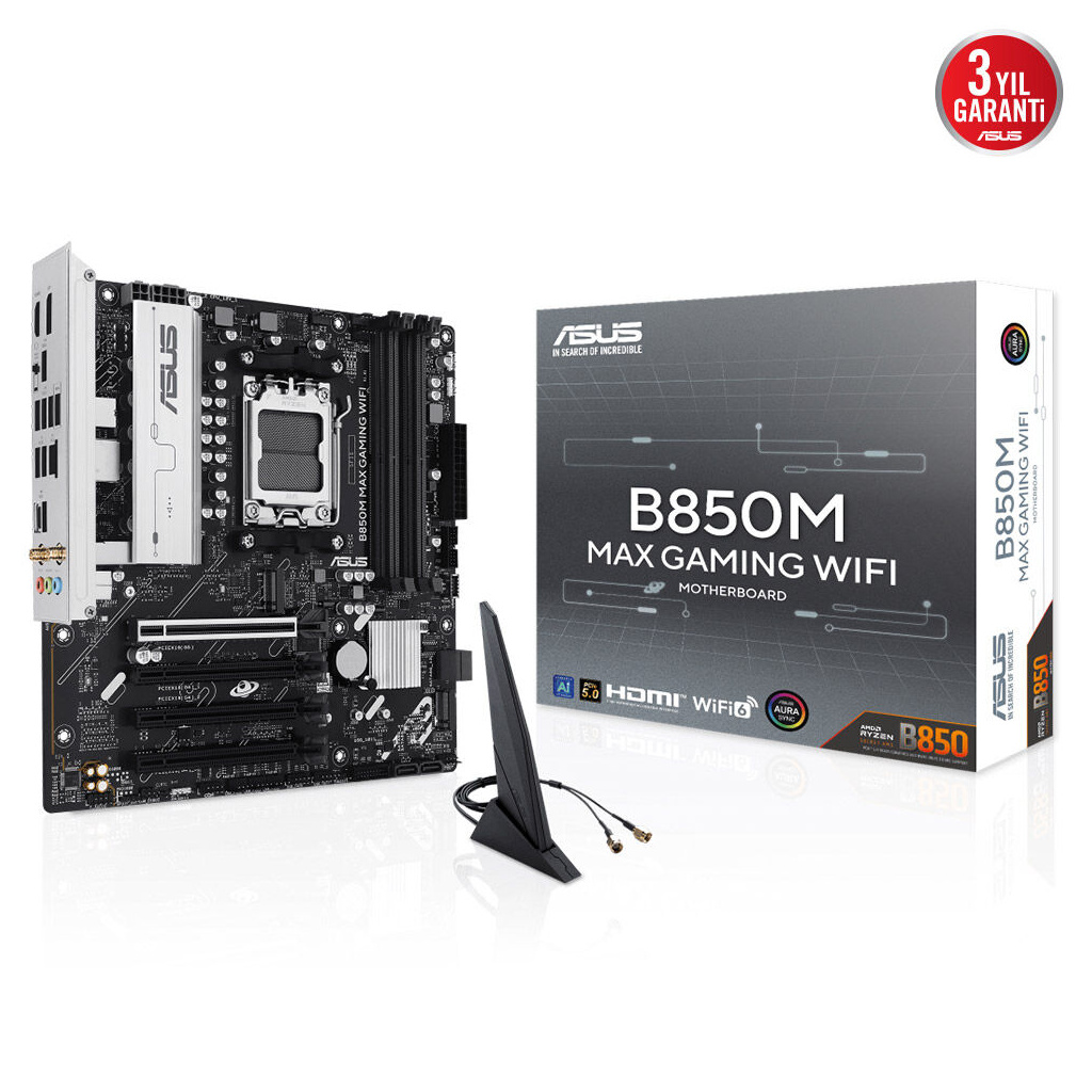 ASUS B850M MAX GAMING WIFI, 4xDDR5, 3x M2, HDMI, DP, Type-C, Wi-Fi 6, Bluetooth v5.4, AM5 Soket GAMING Anakart