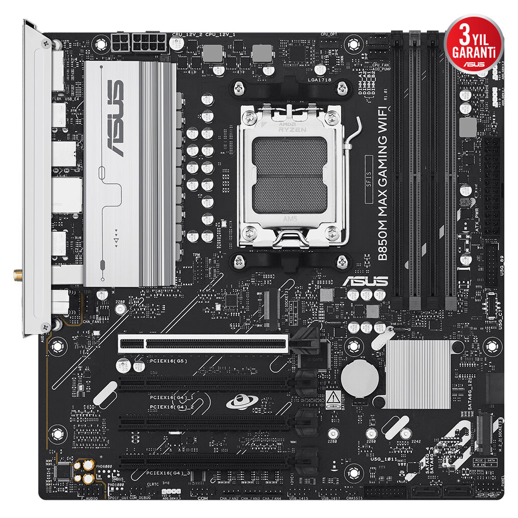 ASUS B850M MAX GAMING WIFI, 4xDDR5, 3x M2, HDMI, DP, Type-C, Wi-Fi 6, Bluetooth v5.4, AM5 Soket GAMING Anakart