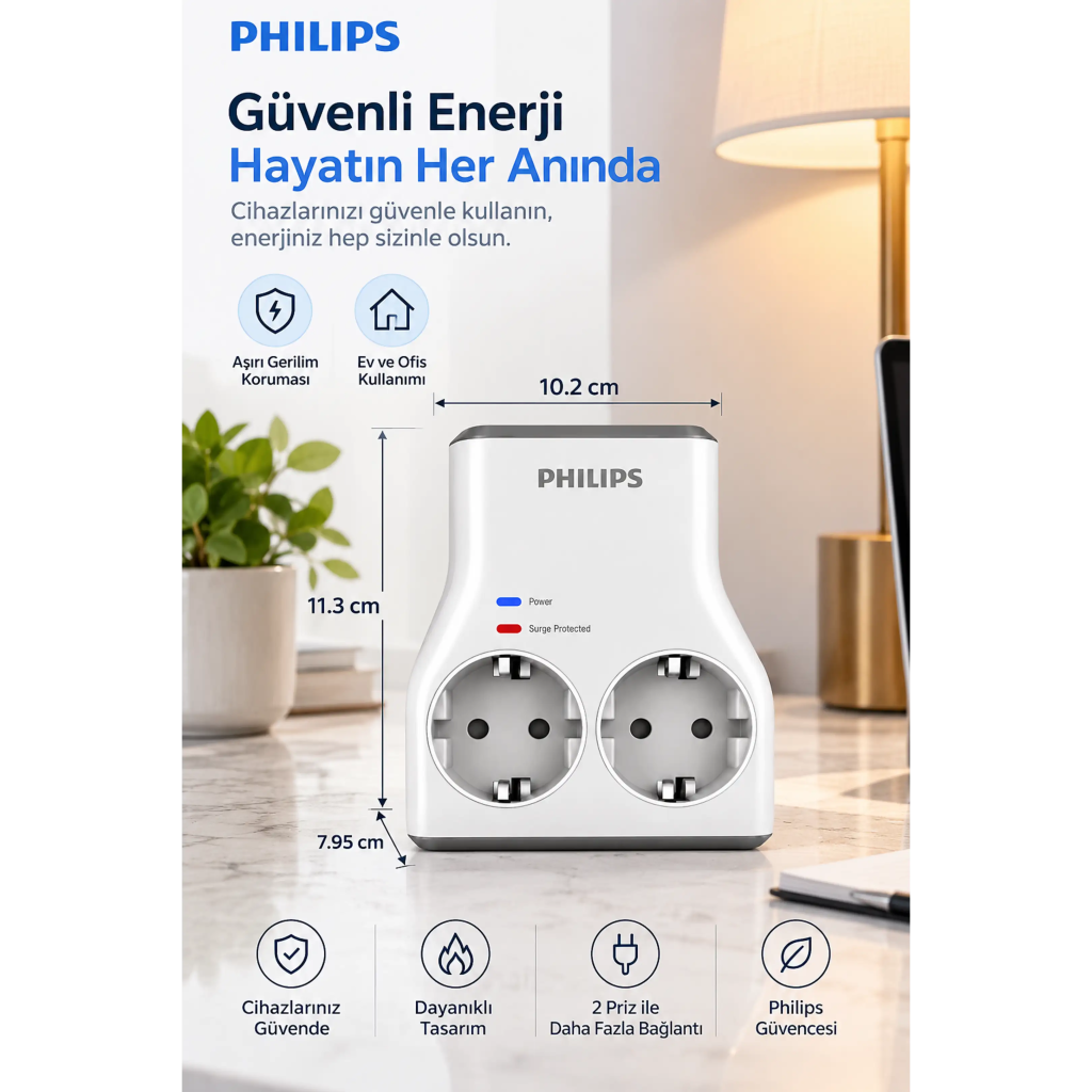 PHILIPS CHP7022W/62, 2li, Akım Korumalı Priz, 1140 Joules, (Beyaz)