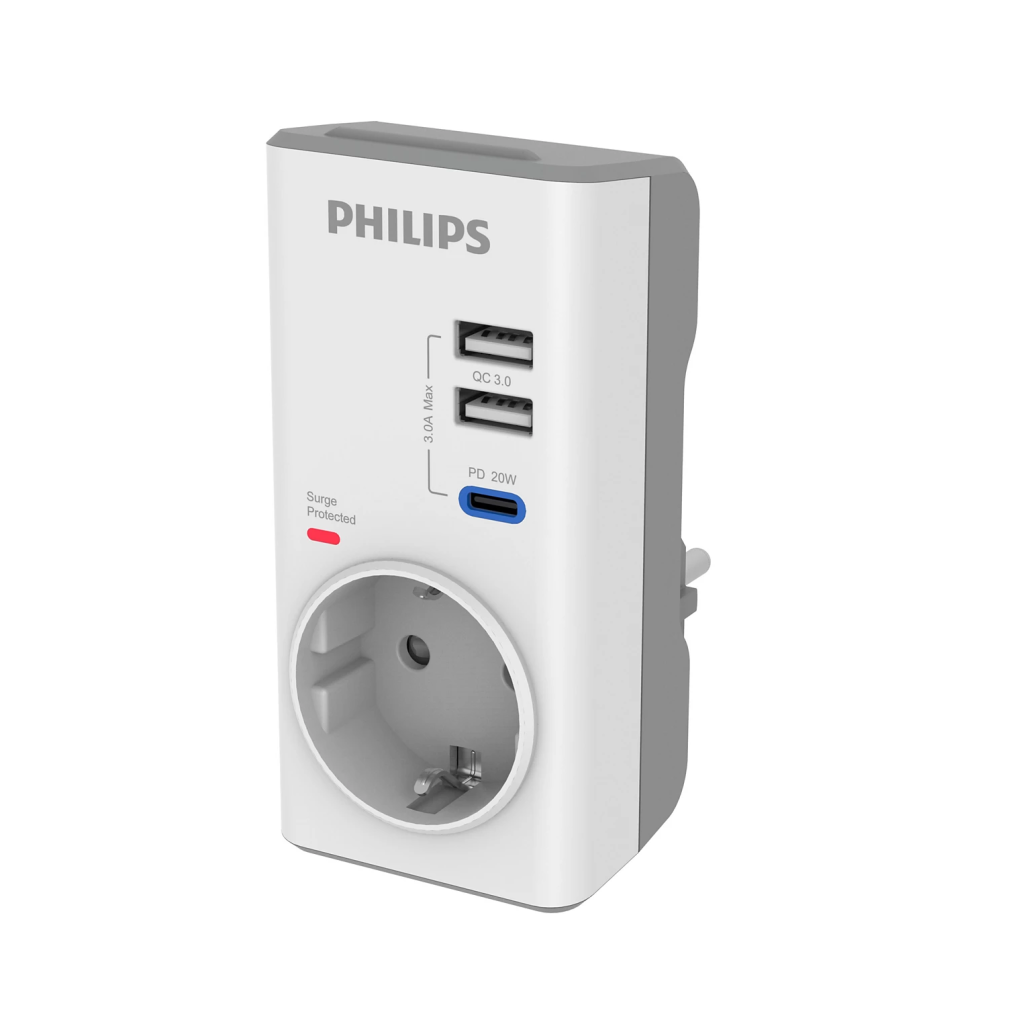 PHILIPS CHP8010W/10, Tekli, Akım Korumalı Priz, PD Hızlı Şarj, 1xUSB-C, 2xUSB-A, (Beyaz)