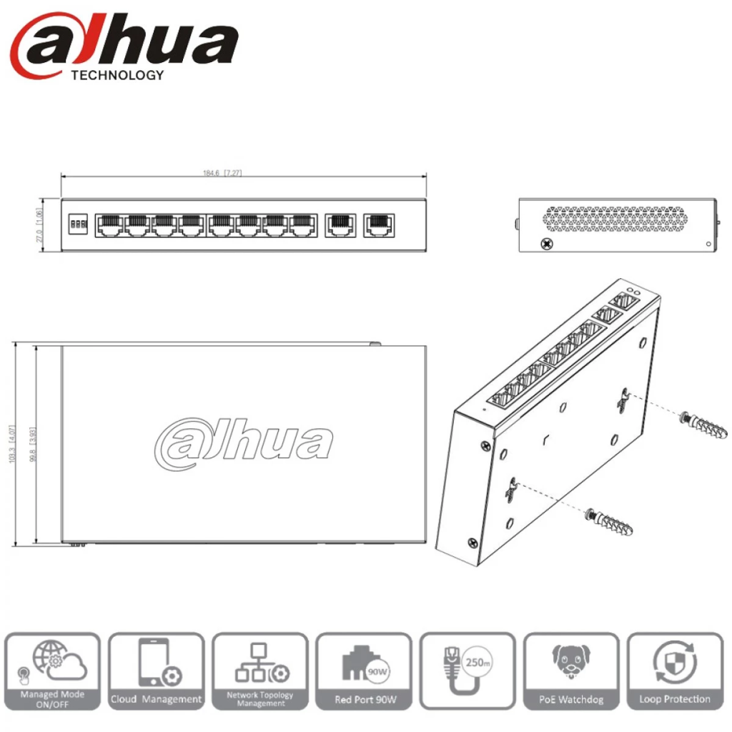 DAHUA CS4010-8ET2GT-110 8 Port, Megabit, PoE 110W, 2 Port Uplink, Cloud Yönetilebilir, Switch