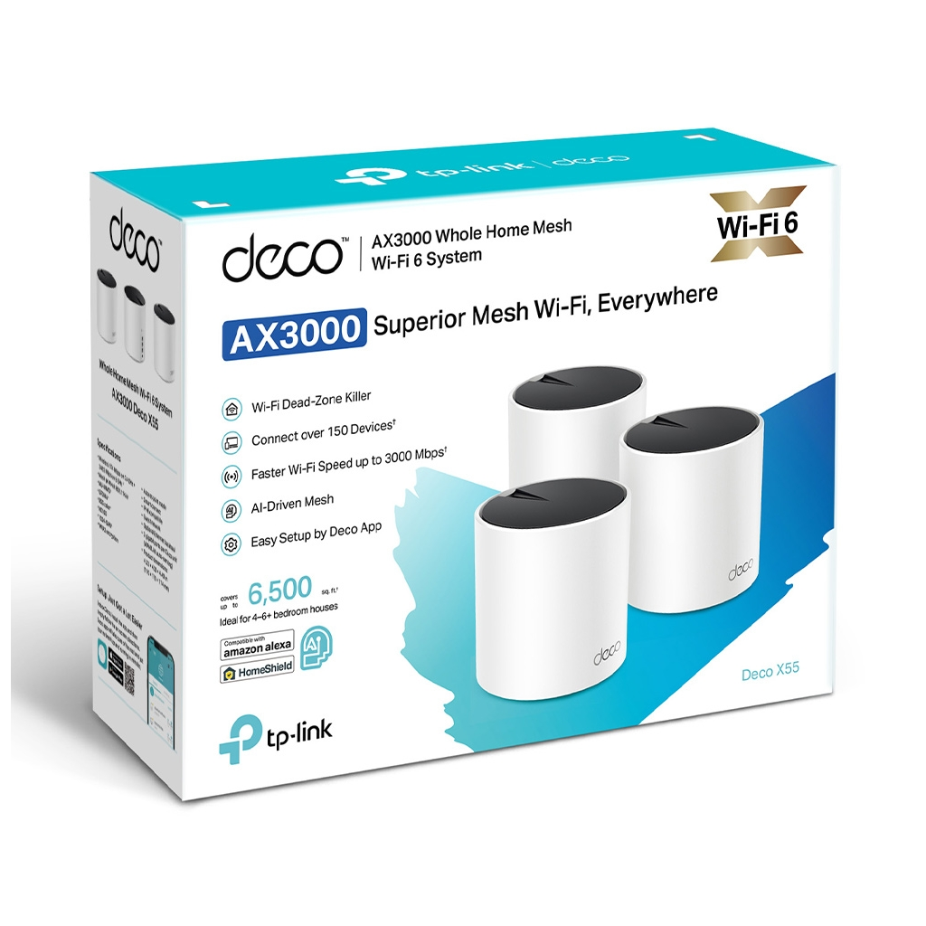 TP-LINK DECO-X55, AX3000, Tekli Mesh, 3000Mbps, Dual Band, WiFi6, 3Port Gigabit Lan, 230m2 Çekim Alanı, Router, Geniş Alan İnternet Ağı Sağlayıcısı