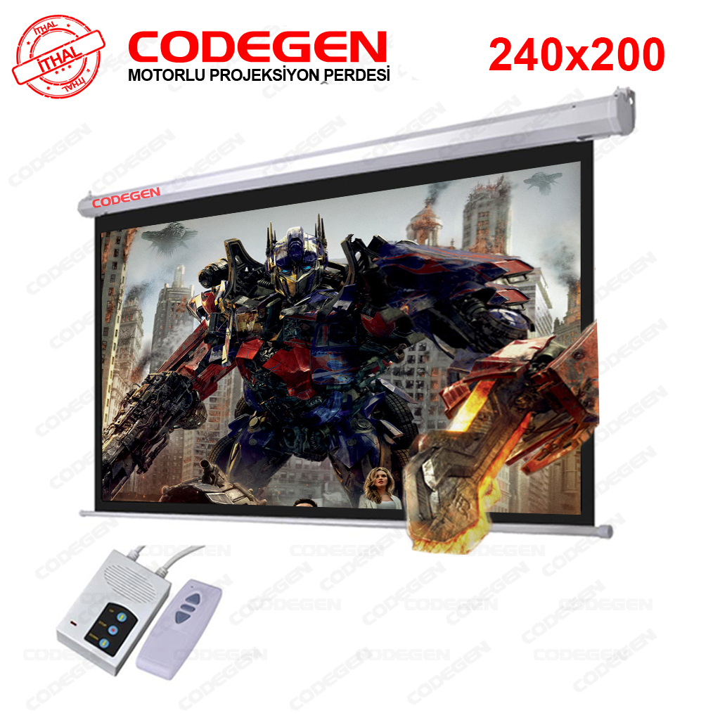 Codegen EX-24 MOTORLU PROJEKSİYON PERDESİ 240x200 Elektrikli Uzaktan Kumandalı (Arkası Siyah Fonlu - Duvar/Tavan Asılabilir)