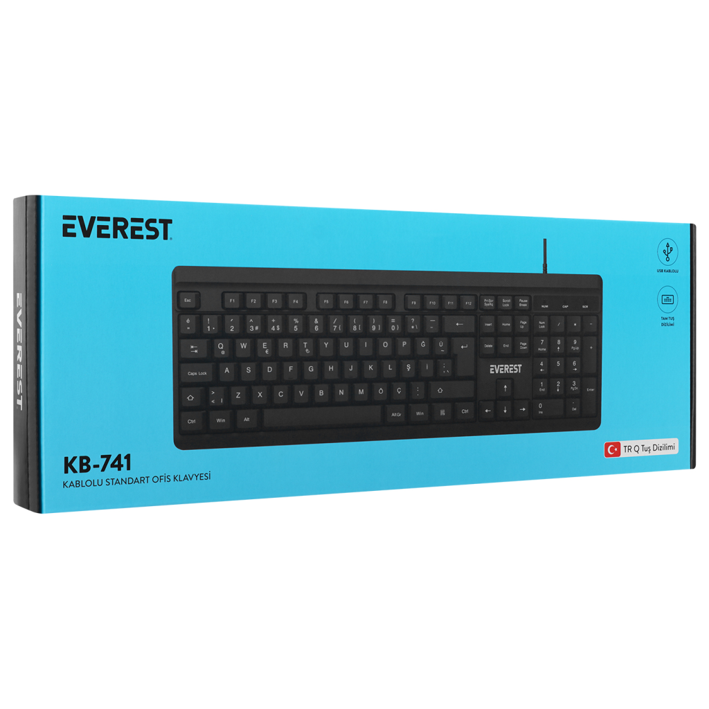 EVEREST KB-741, USB Kablolu, Türkçe Q,  2 metre Bakır Kablolu, Standart Klavye (Siyah)
