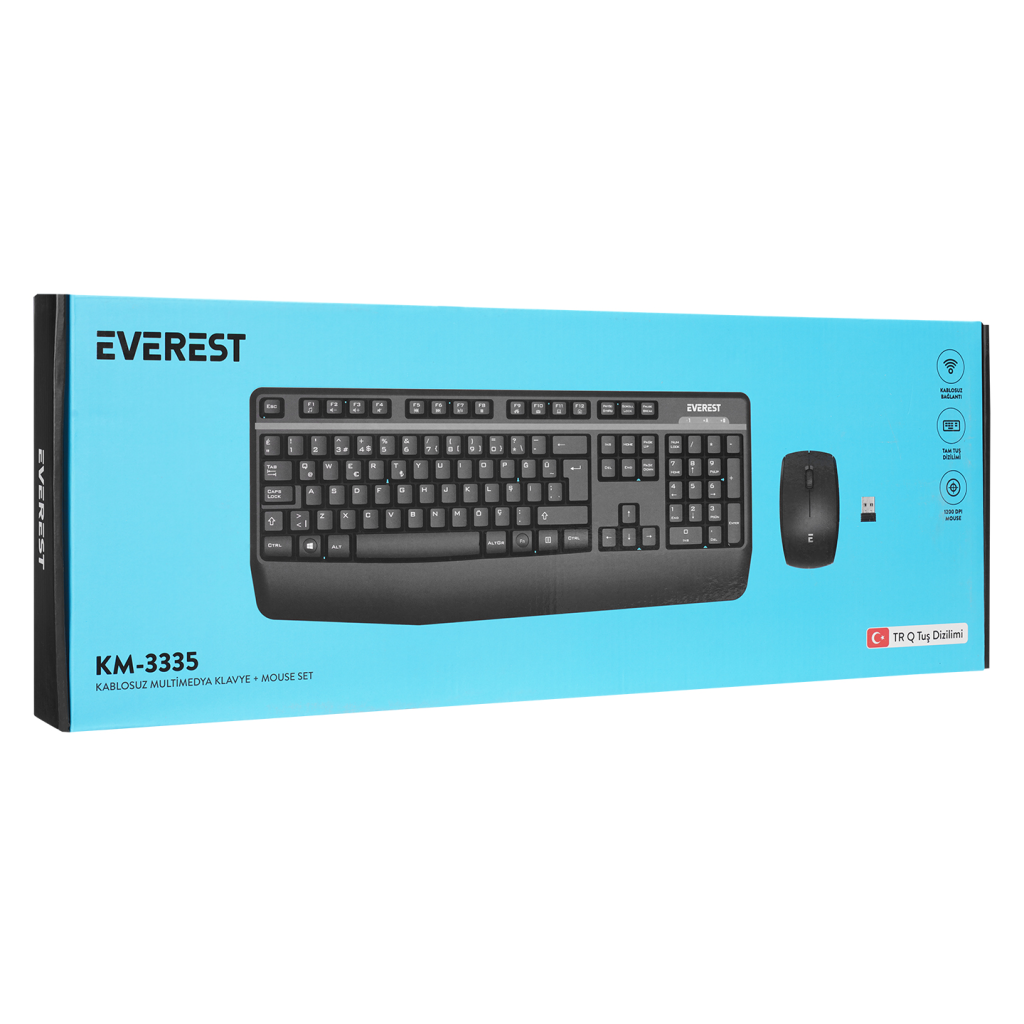 EVEREST KM-3335, Siyah, 2.4Ghz Kablosuz, Türkçe Q, Multimedya, Klavye Mouse Set