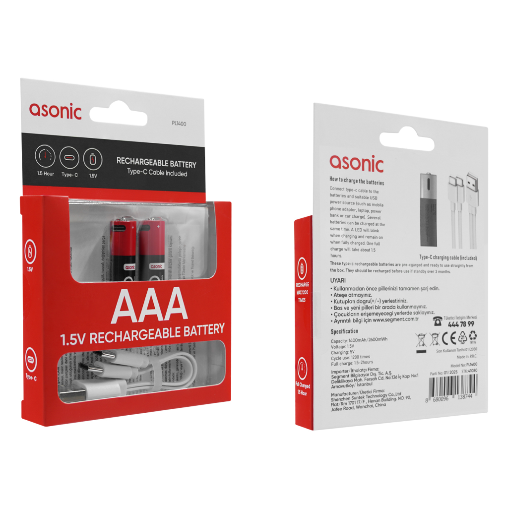 ASONIC PL1400, AA, Şarjlı Pil, 1.5Volt, 1400mAh/2600mwh, Type-C ile Kolay Şarj,  2 li Paket (USB To Type-C Kablo Hediye)