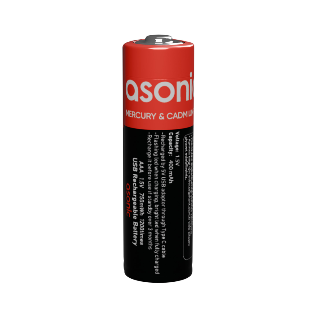 ASONIC PL400, AAA, Şarjlı Pil, 1.5Volt, 400mAh/750mwh, Type-C ile Kolay Şarj,  2 li Paket (USB To Type-C Kablo Hediye)