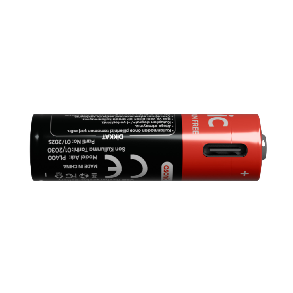 ASONIC PL400, AAA, Şarjlı Pil, 1.5Volt, 400mAh/750mwh, Type-C ile Kolay Şarj,  2 li Paket (USB To Type-C Kablo Hediye)