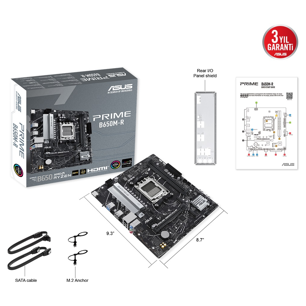 ASUS PRIME B650M-R, 2xDDR5, 2x M.2, HDMI, AMD Ryzen 7000 Serisi, AM5 Soket Anakart