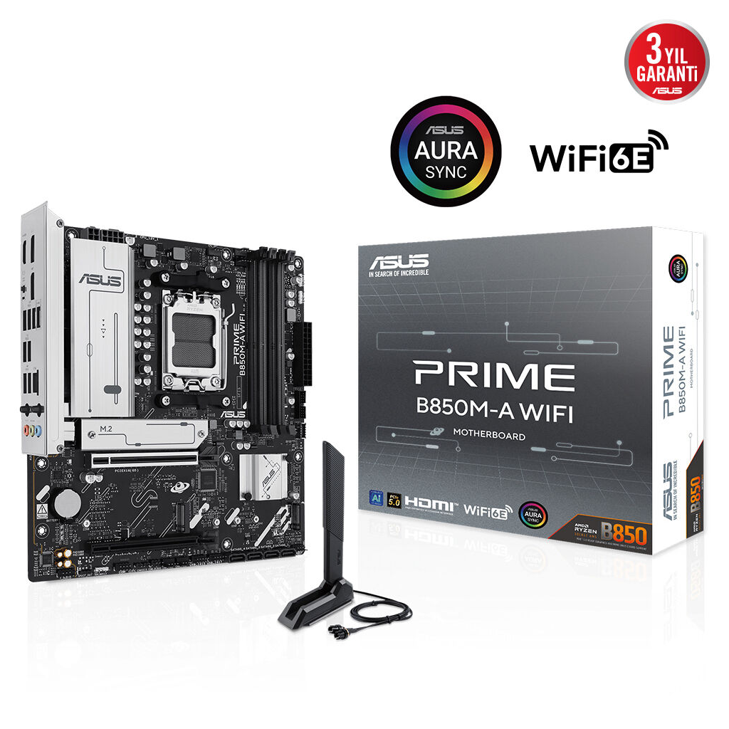ASUS PRIME B850M-A WIFI, 4xDDR5, 3xM.2, 2xDP, HDMI, Type-C, Wi-Fi 6, Bluetooth 5.3, AM5 Soket Anakart