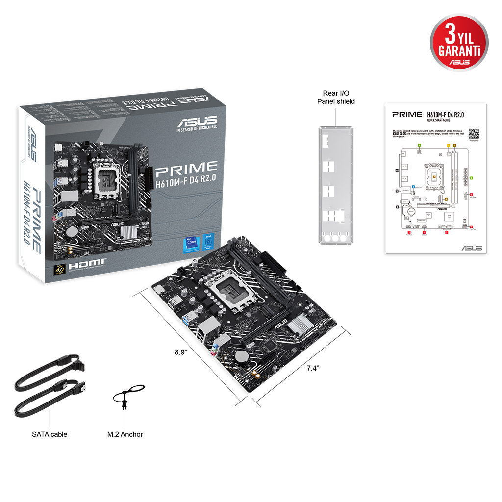 ASUS PRIME H610M-F D4 R2.0, 2xDDR4, M.2, HDMI, 12-13.14.Nesil, LGA1700 Soket, Anakart