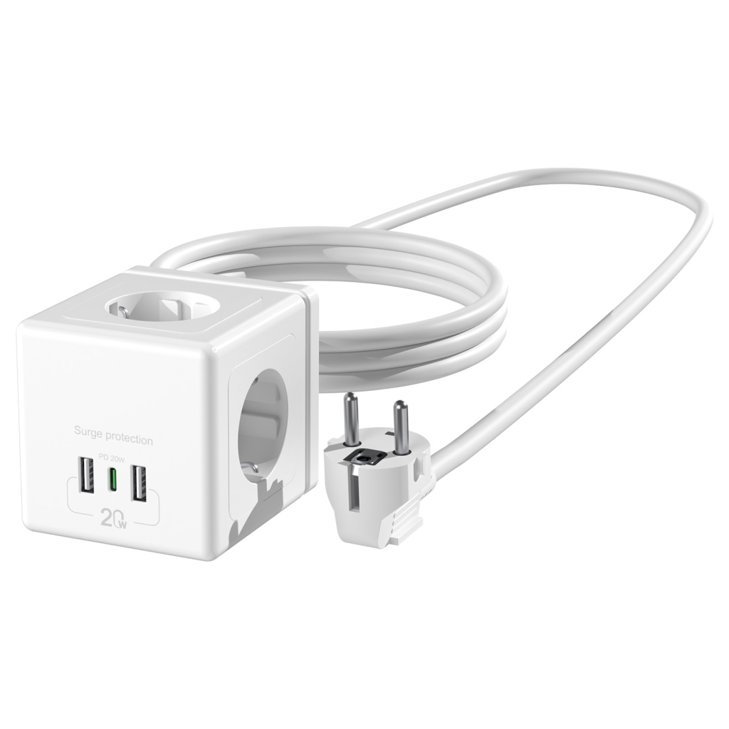 S-LINK PRZ04, 4 Soket, Akım Korumalı Priz, 1x Type-C, 2xUSB 5V, 2Mt Kablo, 306 Joule, Küp Tasarım (Beyaz)