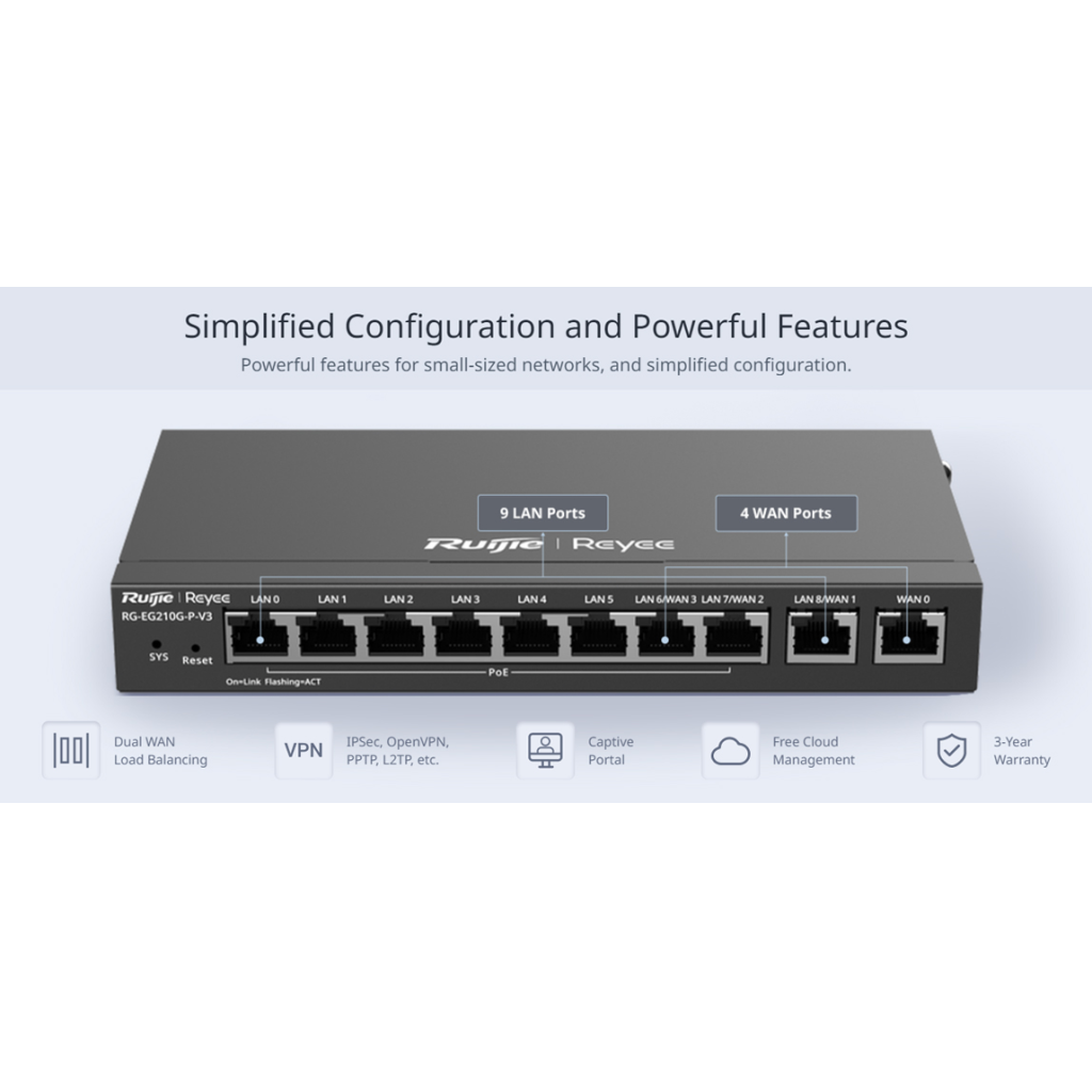 RUIJIE Reyee RG-EG210G-P-V3 10 Port Gigabit, Web  Yönetilebilir, 4 WANs, 200 Kullanıcı,