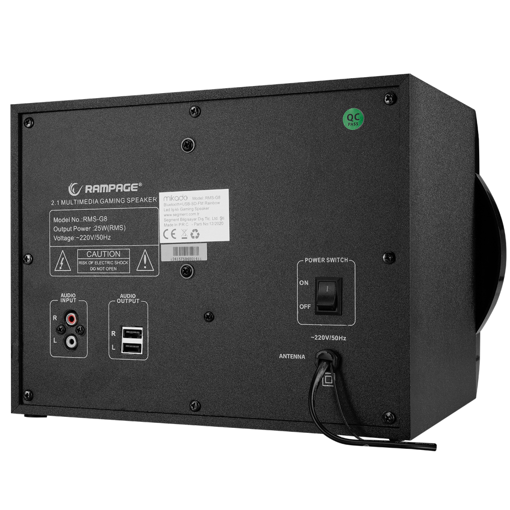 RAMPAGE RMS-G8,Antares, 25W, 2+1, Masaüstü, FM/BT/SD/USB, Rainbow Aydınlatma, Siyah Kasa, Speaker