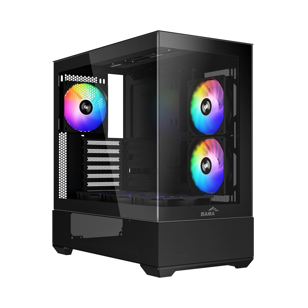SAMA V40BK Black, B750BK 750W, 80+ Bronze, PCIE 5.1, ATX3.1, Tempered Glass Panel, Panoramic Tasarım, Type-C, 6x120mm ARGB Fan, ATX, GAMING KASA