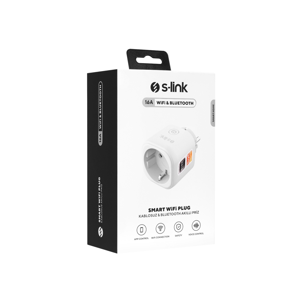 S-LINK SL-14, 1 Soket, Akım Korumalı Priz, 16A, WiFi 2.4Ghz, Bluetooth, TUYA Yazılım Destekli, internet üzerinden Yönetilebilir