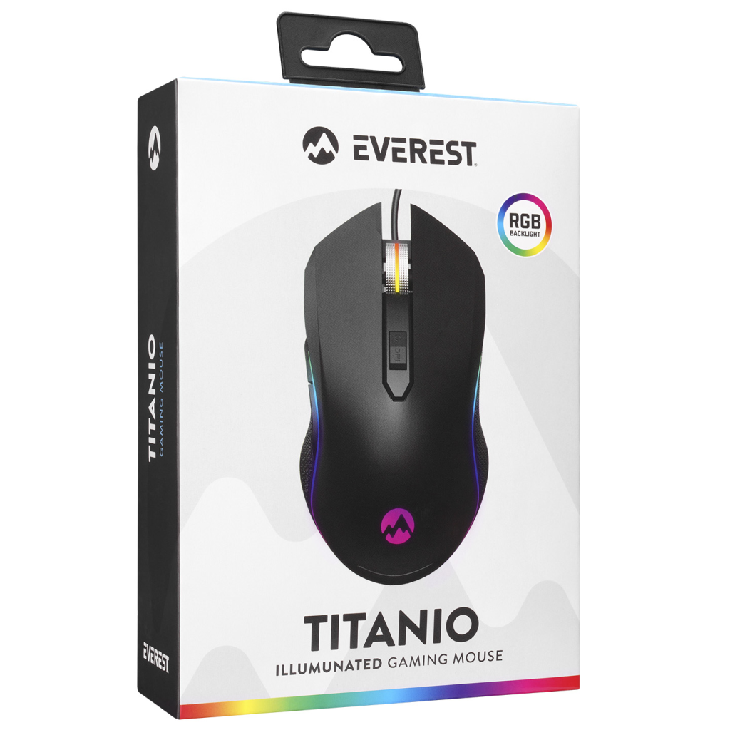 EVEREST SM-F09, TITANIO, RGB Aydınlatma, USB Kablolu, Programlanabilir 6 Tuşlu, Gaming Mouse, 7.200 DPI, Siyah
