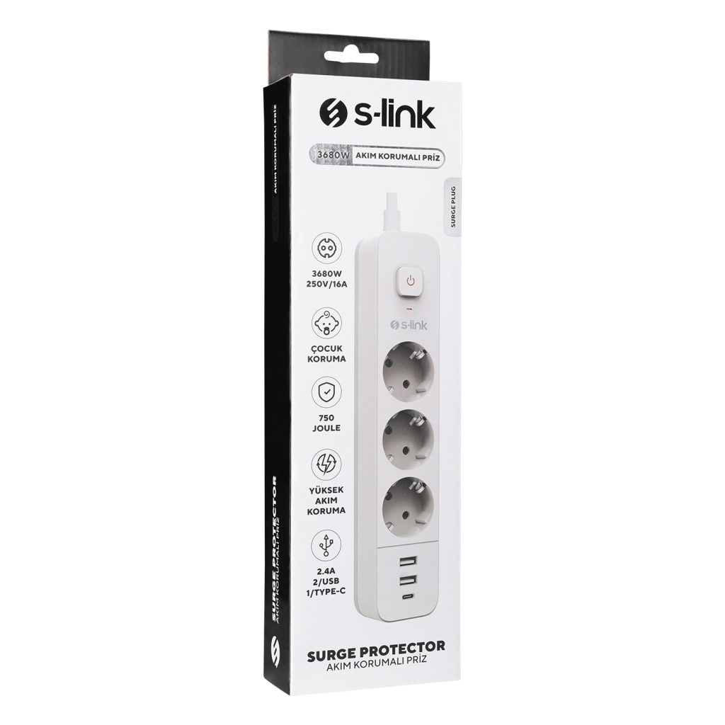 S-LINK SPG03TC, 3 Soket, Akım Korumalı Priz, 1x Type-C, 2xUSB 5V 4A, 1.5Mt %100 Bakır 1mm Kablo, 750 Joule (Beyaz)