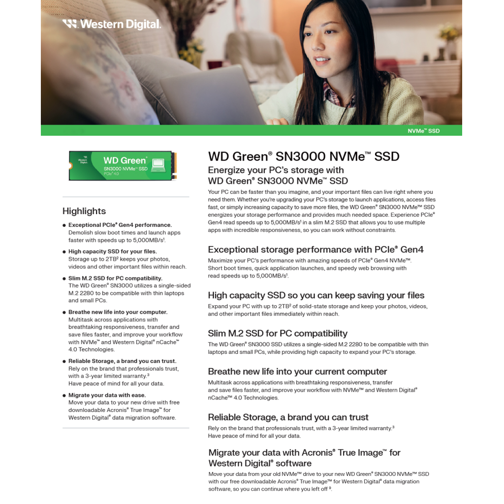 WD Green SN3000, WDS100T4G0E, 1TB, 5000/4200, Gen4, NVMe PCIe M.2 2280, SSD