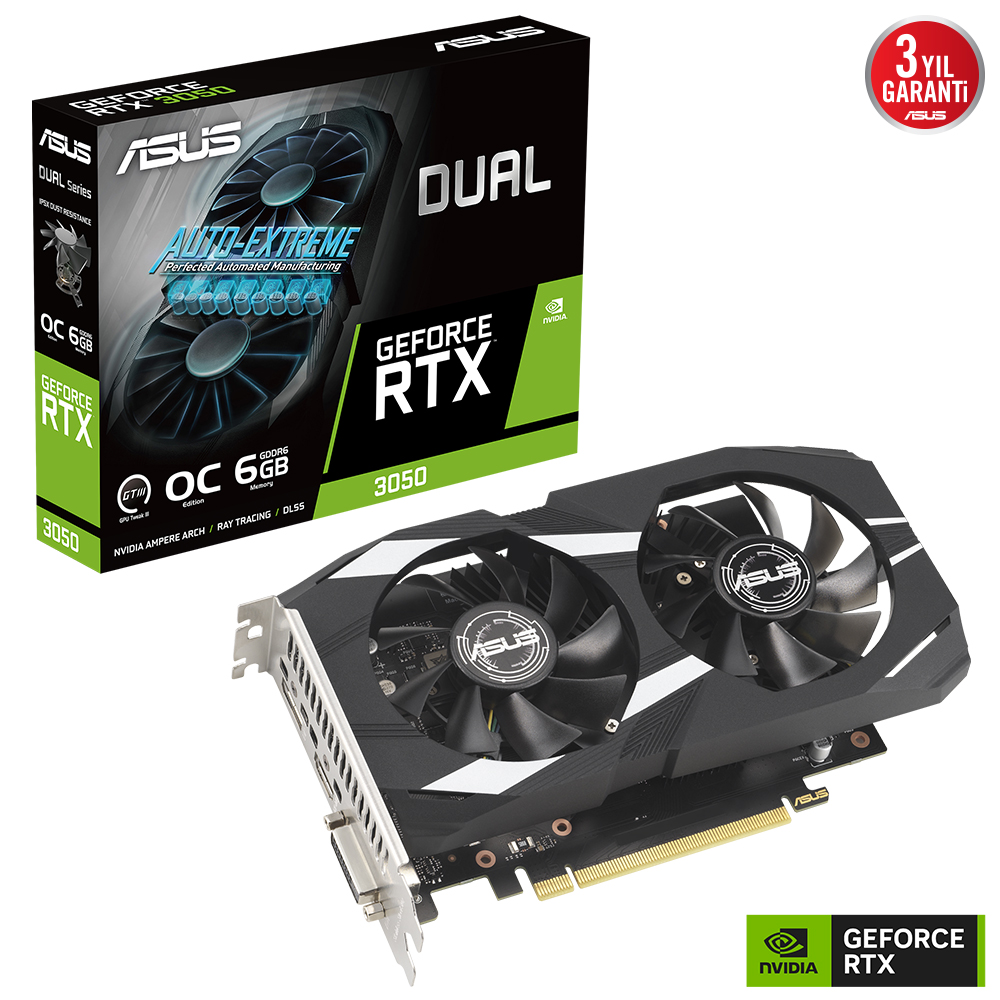 Asus Dual GeForce RTX 3050 OC DUAL-RTX3050-O6G NVIDIA 6GB GDDR6 96Bit DX12 Gaming Ekran Kartı