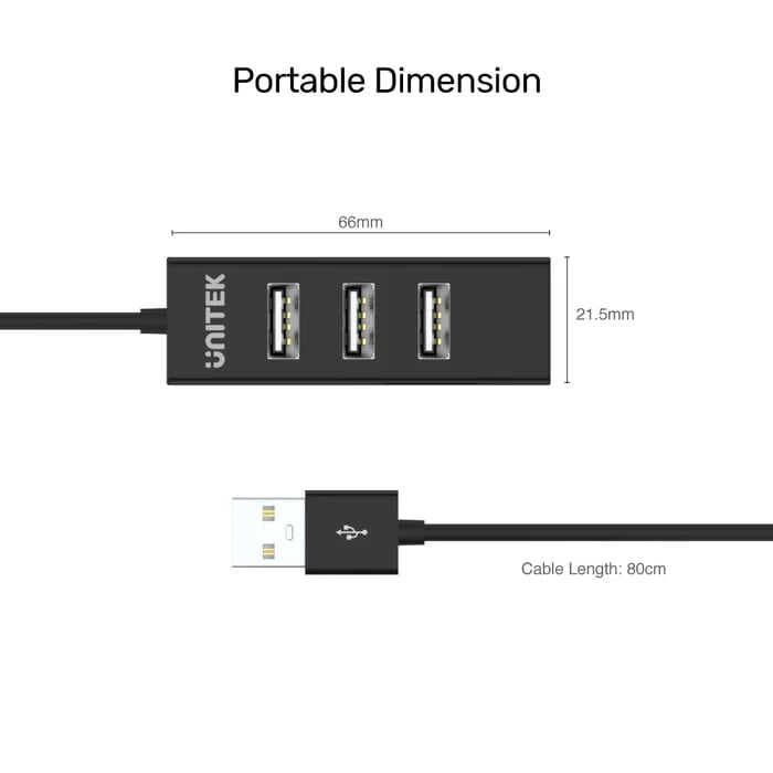 UNITEK TYPE-A TO 4 PORT USB2.0 HUB 80CM KABLO (Y-2140)