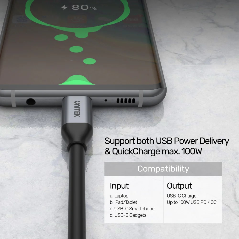 UNITEK USB-C 3.2 KABLO 2MT 5GBPS, 100W PD, 4K&60Hz  (C14091ABK)