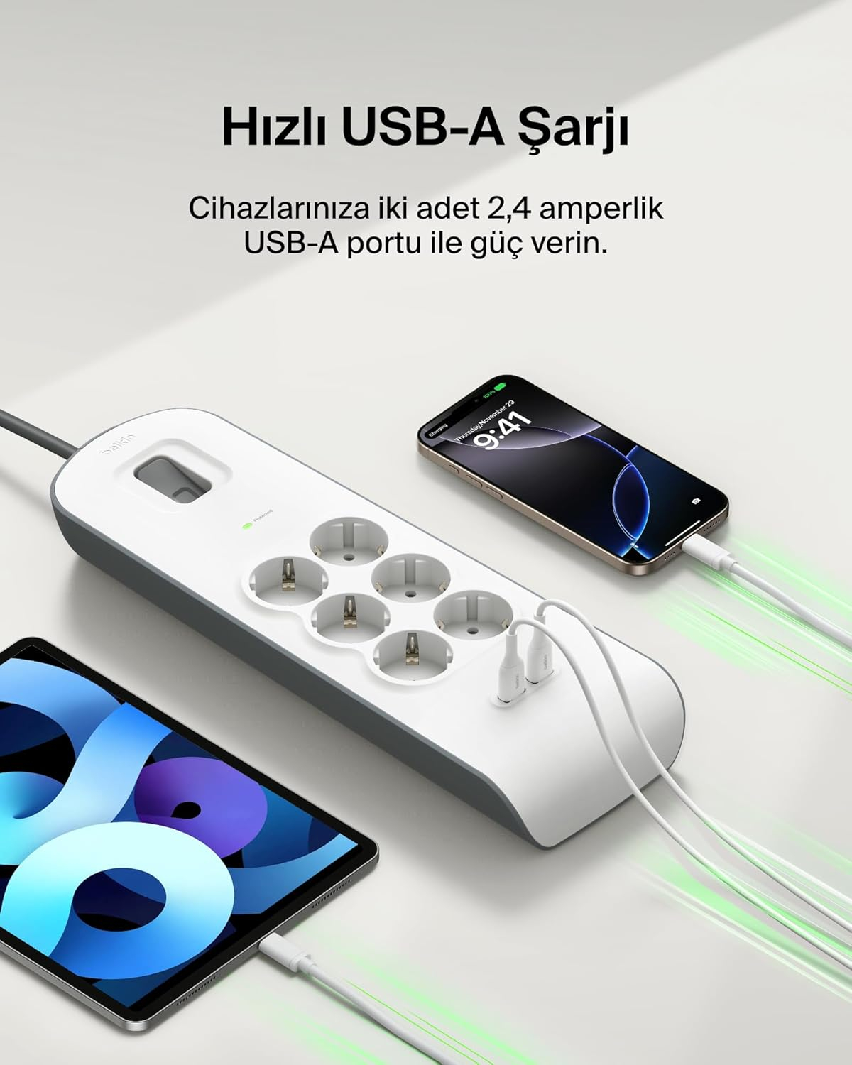BELKIN BSV604 2 METRE 6LI USBA AKIM KOR. PRIZ