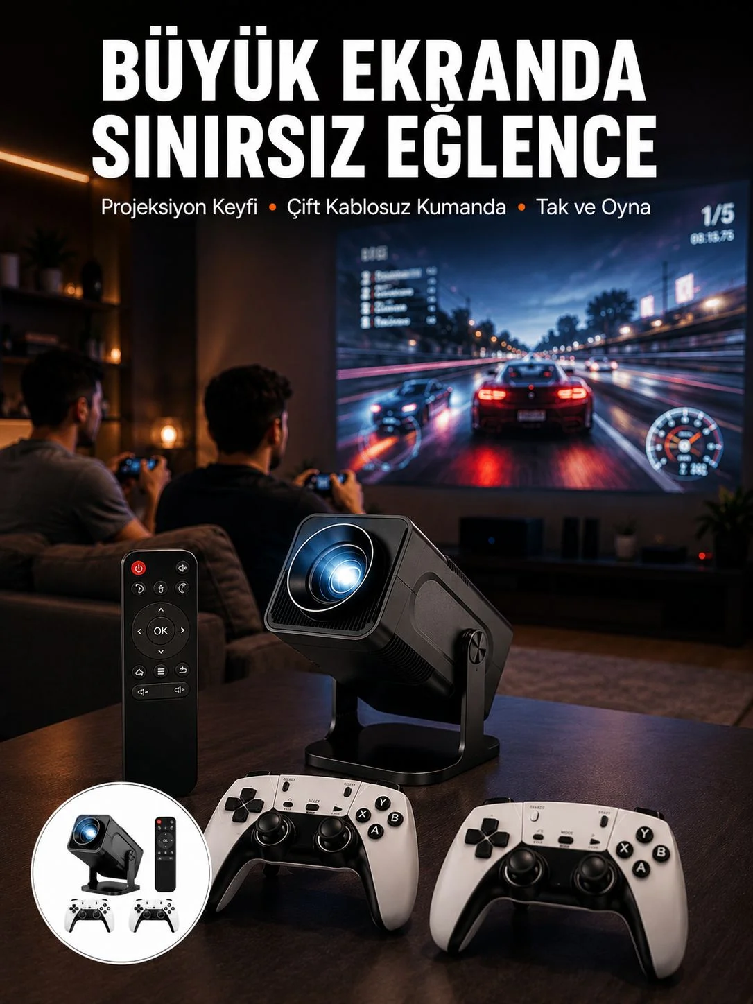 Çift Kollu Game Box Projeksiyon Cihazı Kumandalı Android Tv Dahili Hoparlör