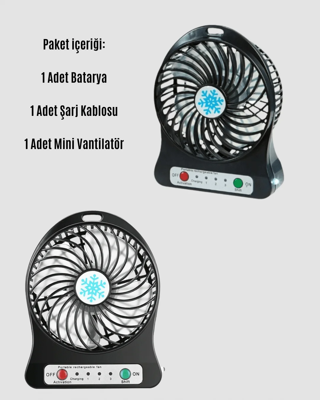 USB Girişli Taşınabilir Masaüstü Mini Fan – 3 Kademeli Hız, Şarjlı, Işıklı, Sessiz Çalışma