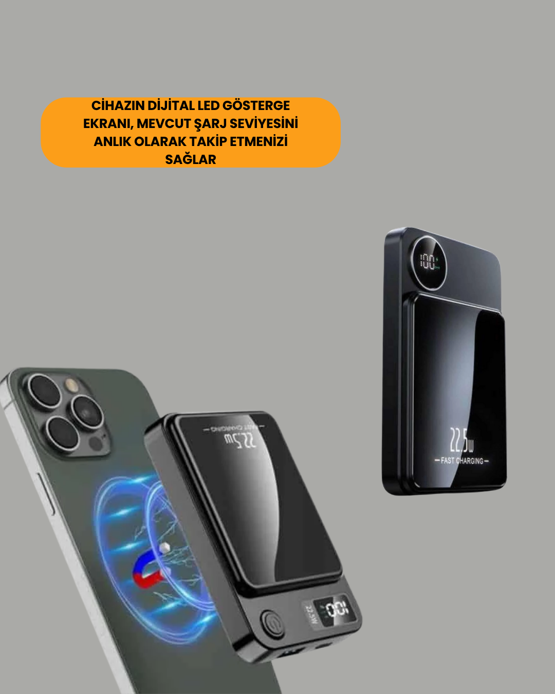 20W PD ve 15W Manyetik Kablosuz Şarj Destekli Taşınabilir Powerbank