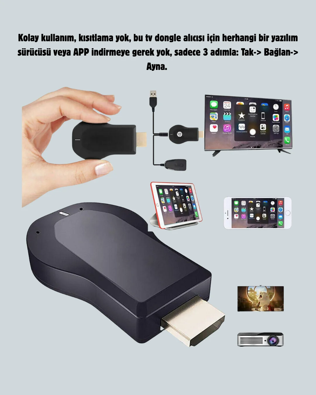 HDMI Kablosuz Ekran Alıcısı – iOS, Android, Mac, PC Uyumluluğu