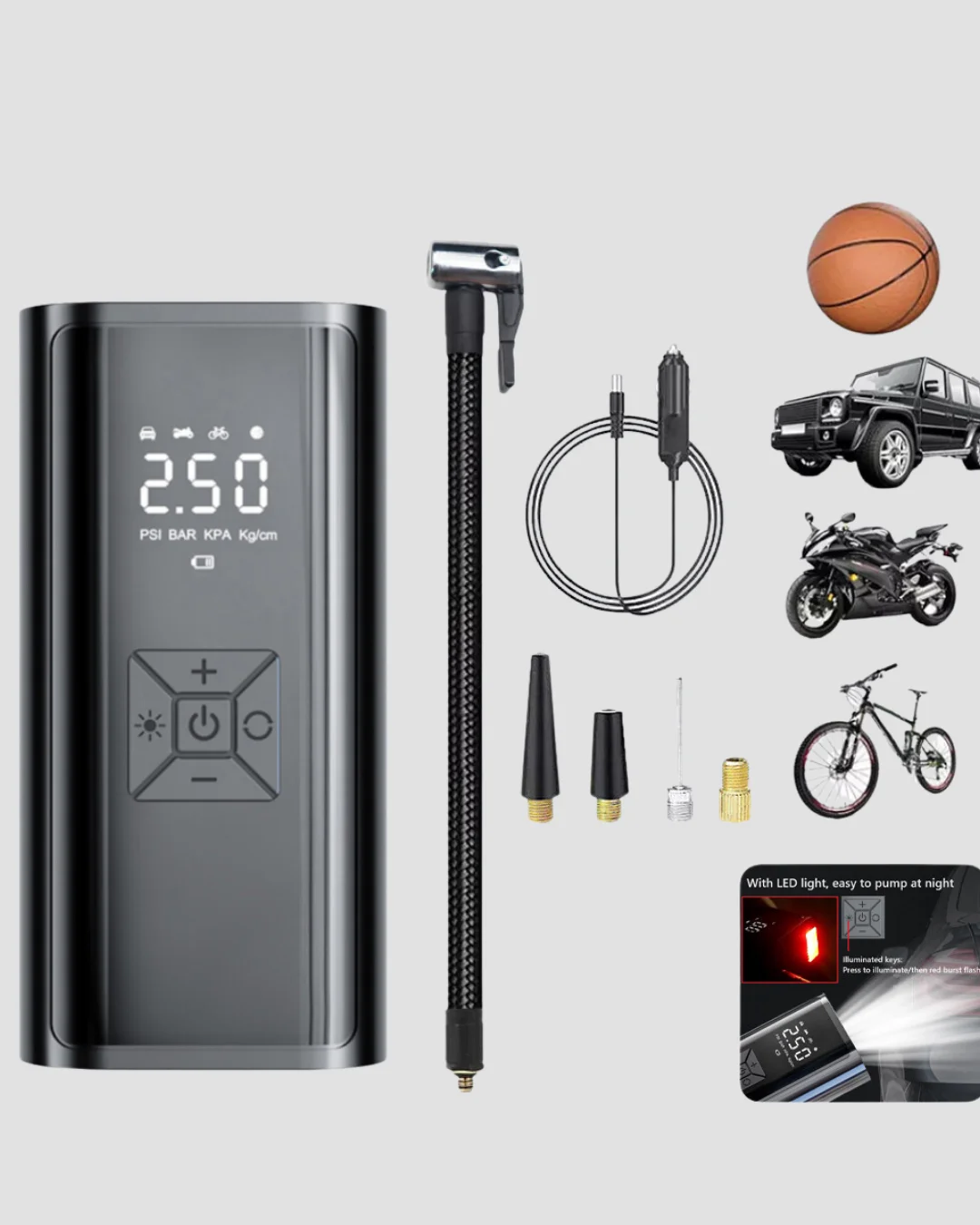 Kablosuz Dijital Lastik Şişirme Pompası LED Işıklı 80W