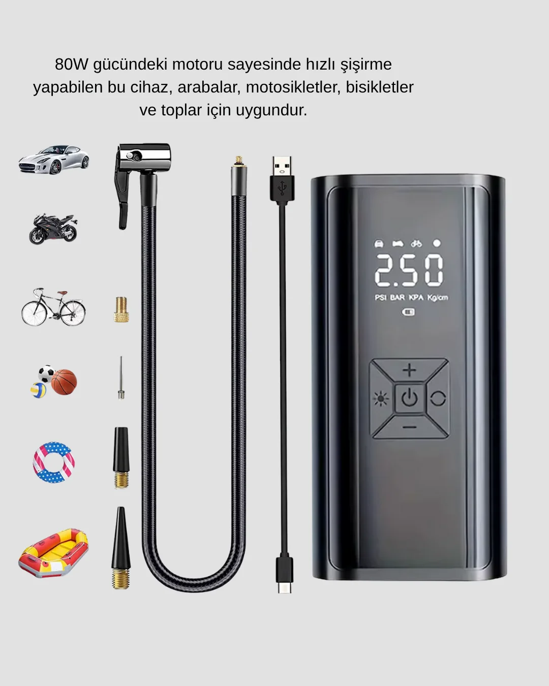 Kablosuz Dijital Lastik Şişirme Pompası LED Işıklı 80W