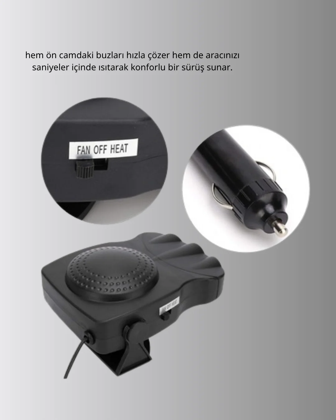 3’ü 1 Arada Araç İçi Isıtıcı ve Fan 150W Güçlü ve 360° Dönebilen Başlıklı
